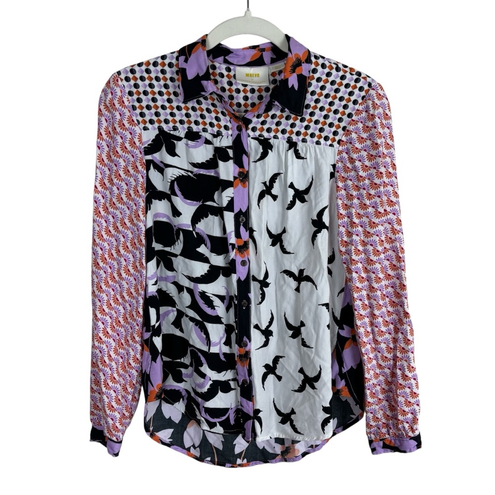 Anthropologie Maeve The Paz Button Down Blouse Size XS Patchwork Bird Novelty - Picture 2 of 7